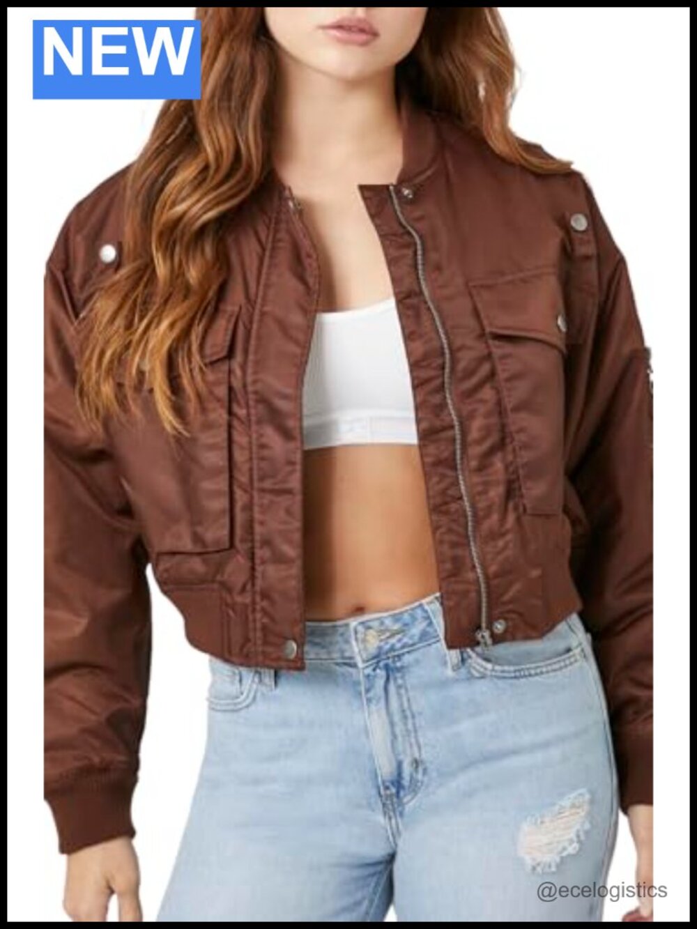 Women's Cropped Nylon Bomber Jacket Long Sleeve Zipper Pockets